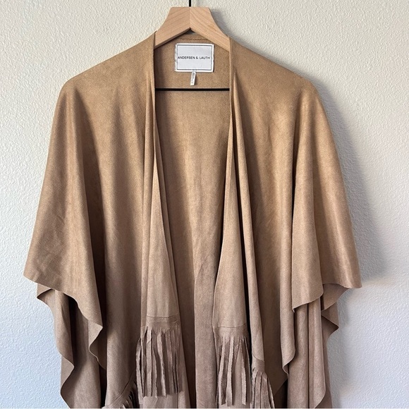 Anthropologie Anderson & Lauth Taupe Faux Suede Fringe Poncho Kimino- One Size - Picture 5 of 12